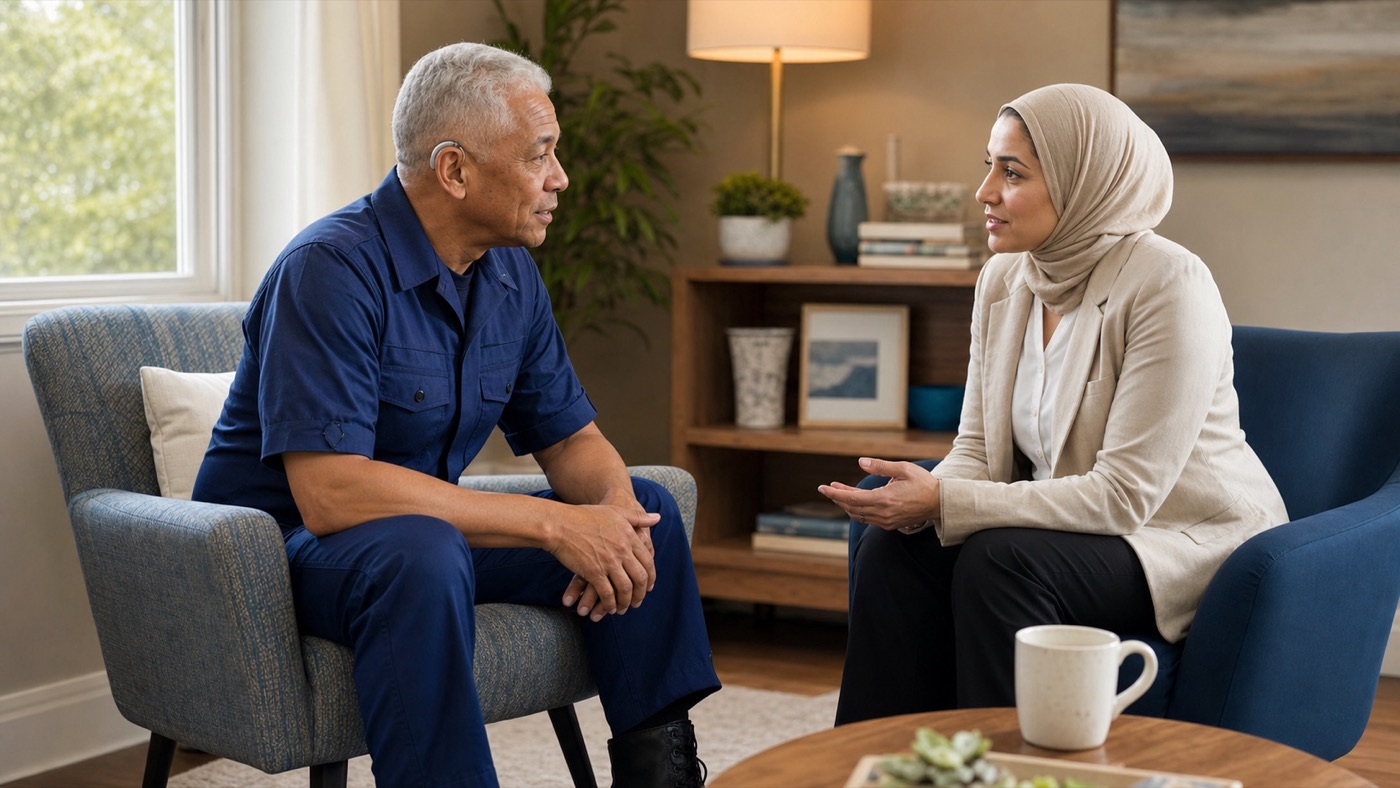 An older Coast Guard service member with a hearing aid speaks with a healthcare professional.