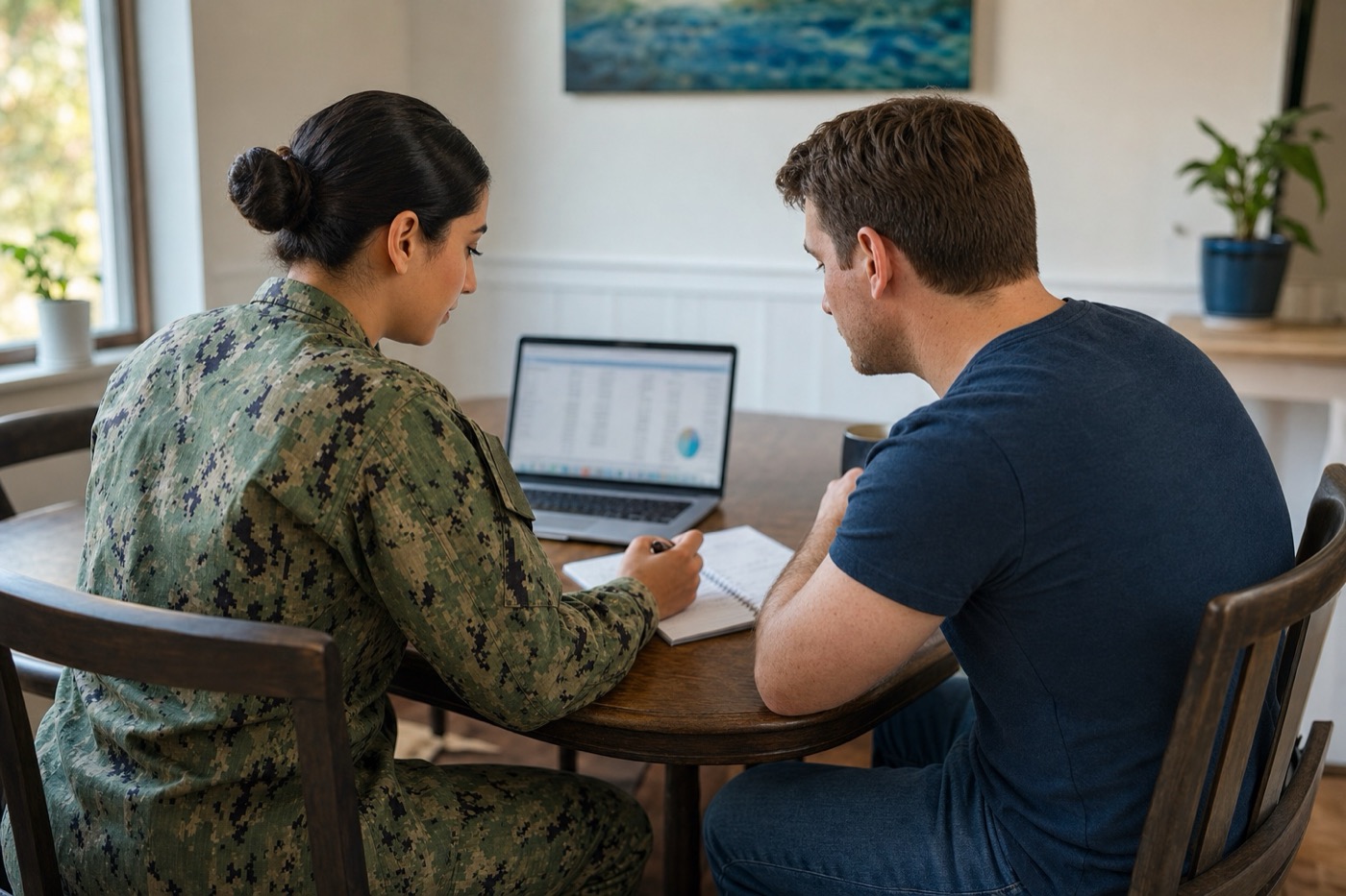 A Navy service member and her spouse review their household budget together at home.